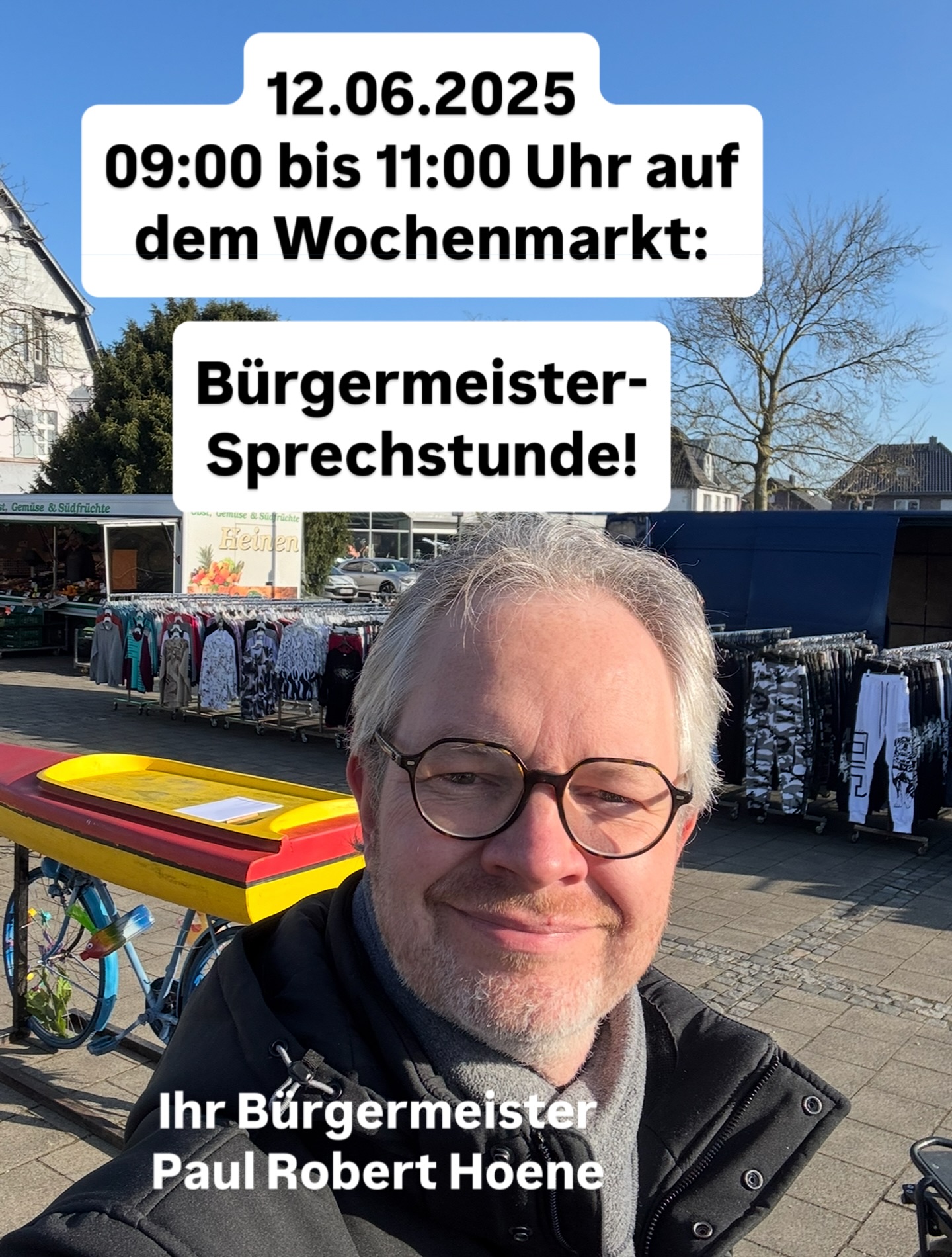 Am 12.06. bin ich von 09:00 bis 11:00 Uhr - diesmal bei schönstem Sommerwetter - wieder für Ihre Anliegen auf unserem Wochenmarkt ansprechbar. Egal ob Lob, Kritik, Hinweise oder Vorschläge: Sprechen Sie mit mir, dafür nehme ich mir sehr gerne die Zeit!
#wachtendonk #wankum #gemeindewachtendonk #bürgermeisterwawa #teampaul #paulhoene #heimatmacher #sprechstunde #wochenmarkt